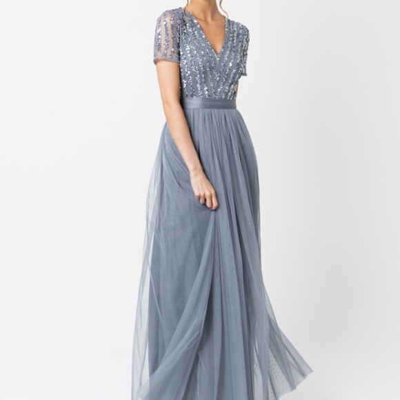 Maya Dusty Blue Stripe Embellished Maxi Dress With Sash Belt (Bridesmaid) - Picture 1 of 9